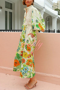 Summer Party Floral Print Balloon Sleeve Pocketed Belt Shirt Midi Dress