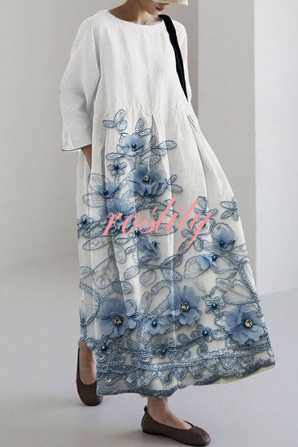 Unique Printed Round Neck Long Sleeve Loose Maxi Dress