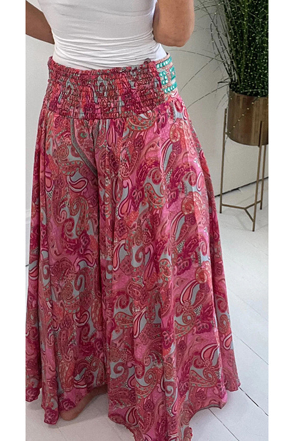 Ethnic Paisley Print Elastic Patchwork Waist Lightweight Pants