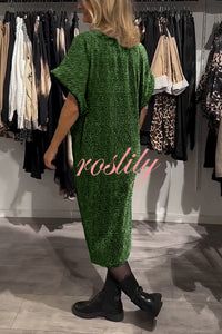 Solid Color Glossy V-neck Short-sleeved Loose Midi Dress