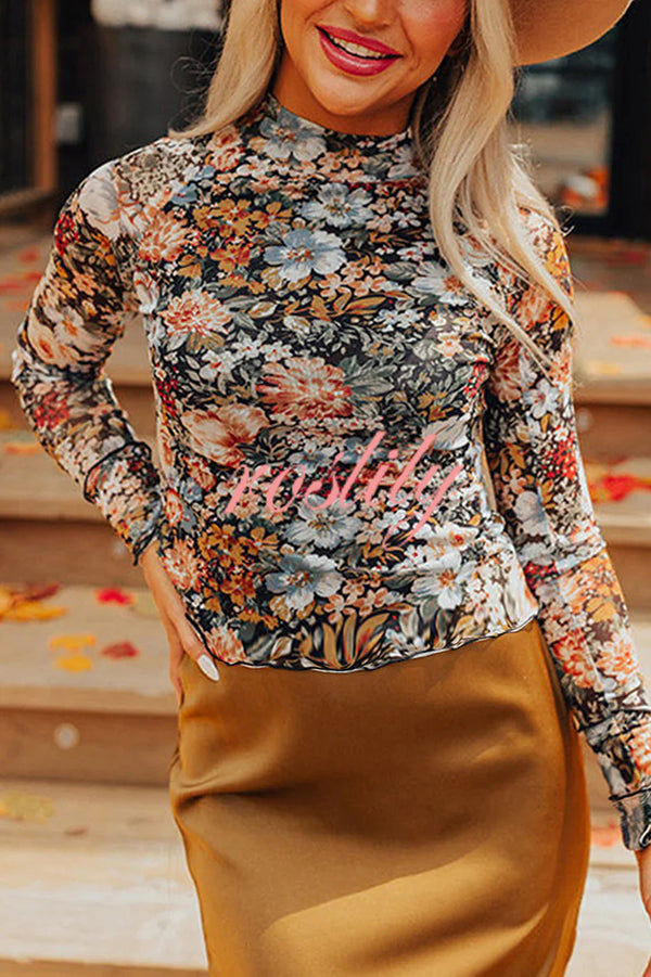 Floral Print Turtleneck Long Sleeve Stretch Bottoming Shirt