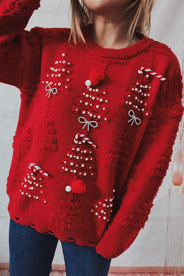 Christmas Pattern Knitted Crew Neck Long Sleeved Sweater