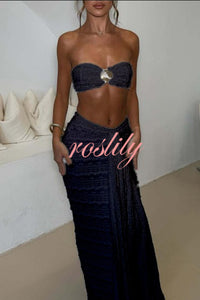 Fashion Metal Shell Embellished Sexy Bandeau and Elastic Tie Maxi Skirt Set
