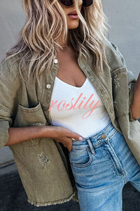 Stylish Lapel Long Sleeve Ripped Denim Jacket