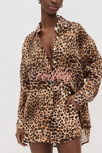Trisha Linen Blend Leopard Print Long Sleeve Blouse and Elastic Waist Pocket Loose Shorts Set