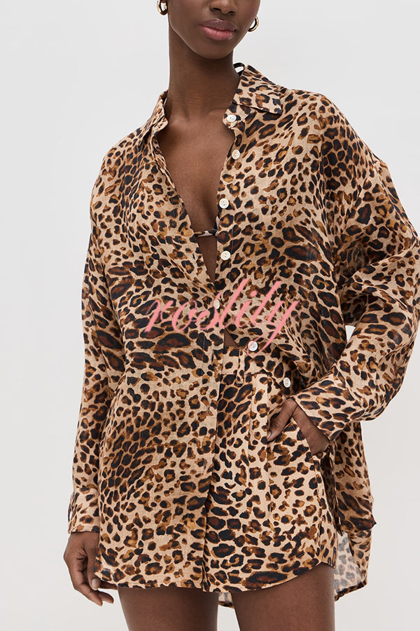 Trisha Linen Blend Leopard Print Long Sleeve Blouse and Elastic Waist Pocket Loose Shorts Set