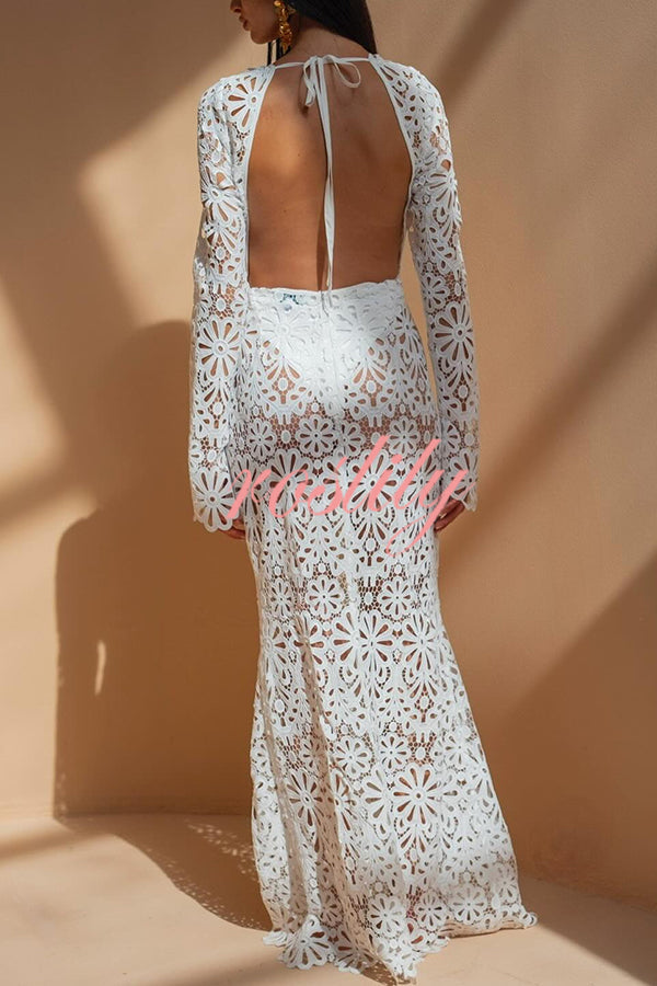 Ocean Breeze Crochet Lace Floral Pattern Backless Tie-up Vacation Maxi Dress