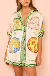 Tropical Escapes Satin Unique Print Shirt and Elastic Waist Pocketed Button Shorts Set