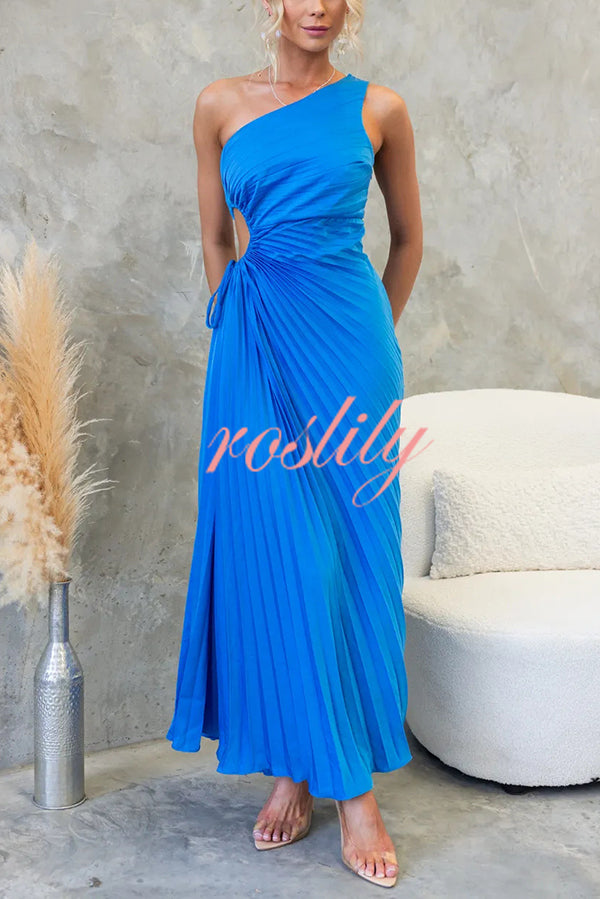 Charming One Shoulder Lace Up Cutout Pleated Maxi Dress