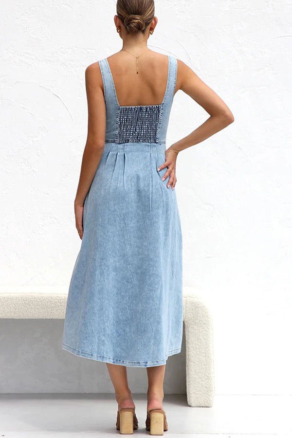 Spring Fling Washed Denim Button Pocket Back Smocked Midi Dress