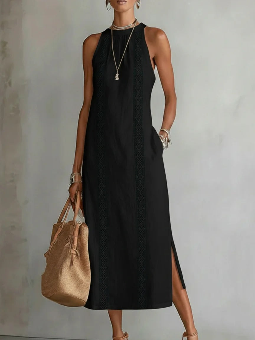 Elegant Lace Panel Sleeveless Midi Dress