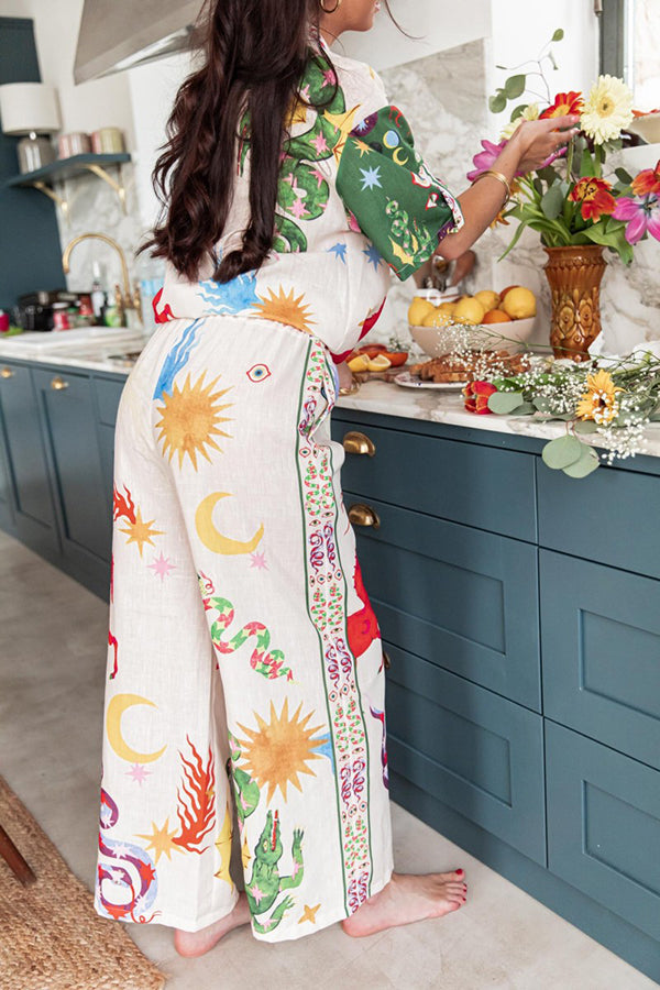 Bohemian Beauty Unique Print Short Sleeve Loose Shirt and Elastic Waist Pants Set