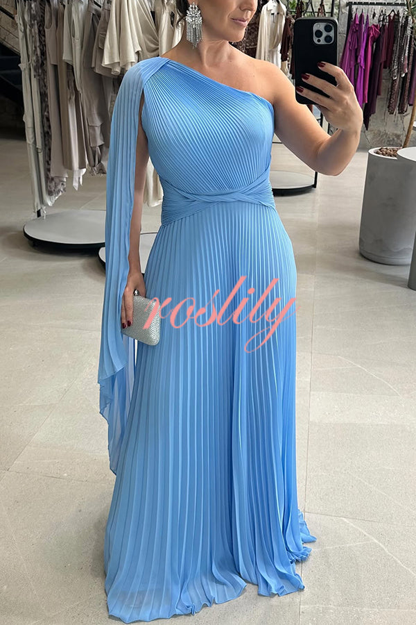 Kate Pleated One Shoulder Drape Sleeve Twist Waist Maxi Dress