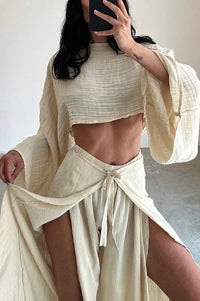 Ideal for Holidays Linen Blend Crop Top and Elastic Waist Tie-up Ruffle Pants Set