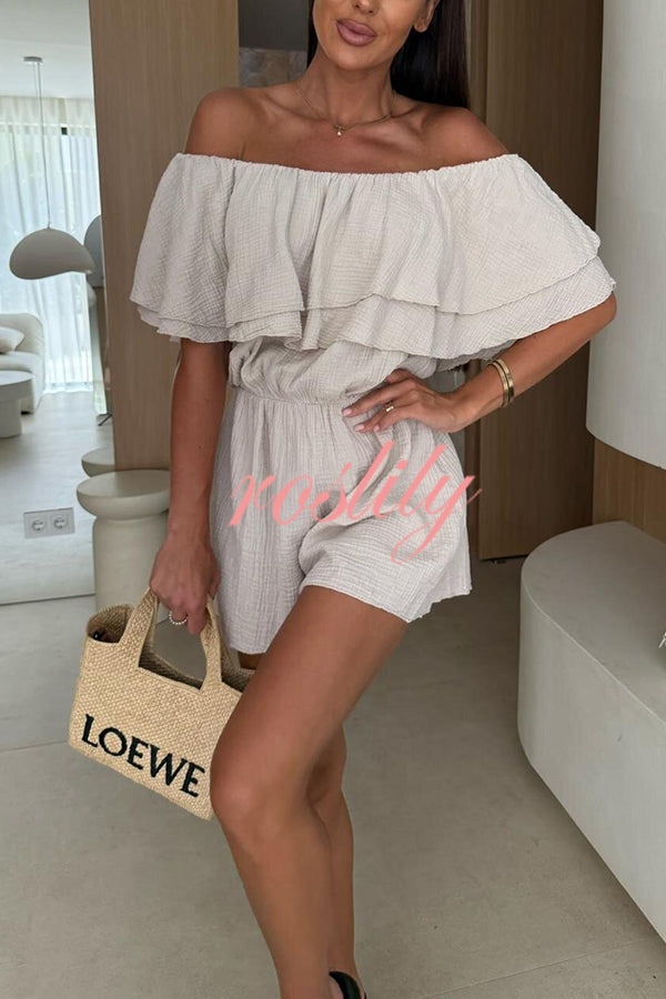 Solid Color Off-shoulder Ruffled Casual Waist Rompers
