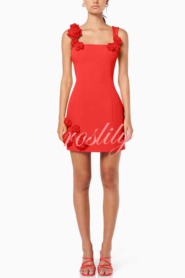 Crush on You Rose Applique Square Neck Wide Strap Mini Dress