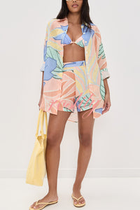 Bella Linen Blend Colorful Unique Print Long Sleeve Blouse and Elastic Waist Pocket Loose Shorts Set