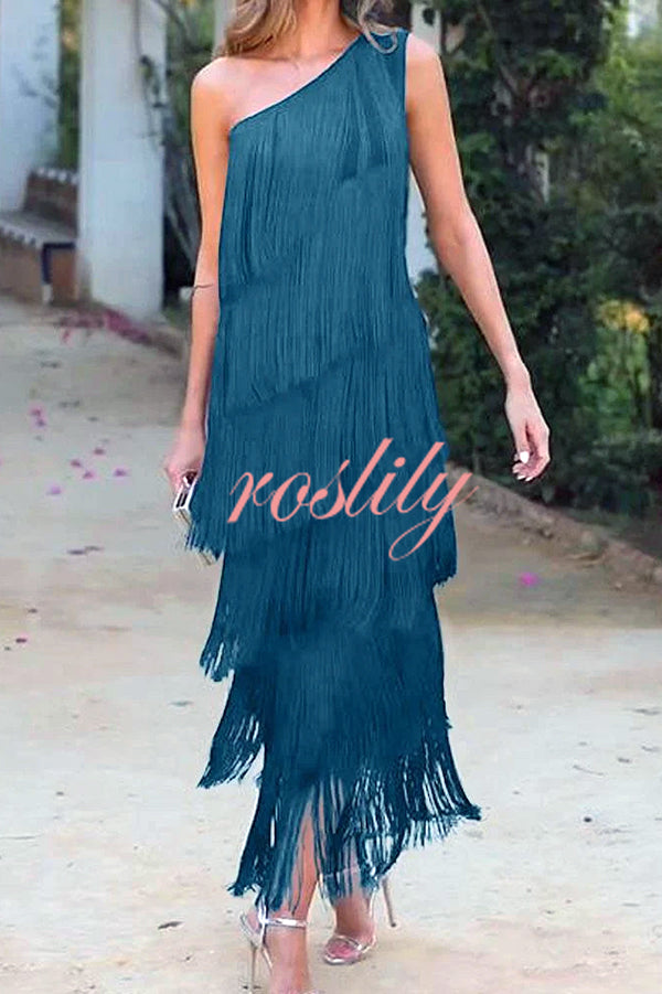 Stylish Fringed One Shoulder Asymmetric Midi Dress