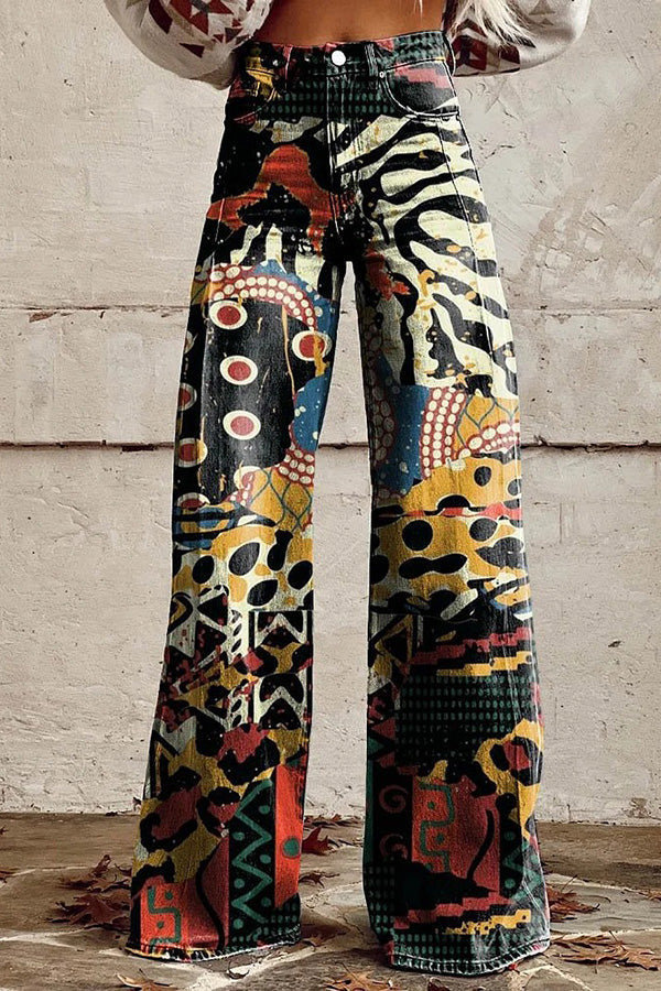 Beautiful Unique Print Button Pocket Wide Leg Pants