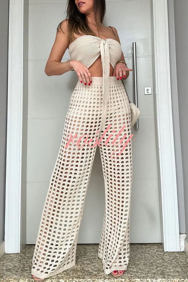 Riley Knit Front Knotted Bandeau and Stretch Hollow Out Wide Leg Pants Set