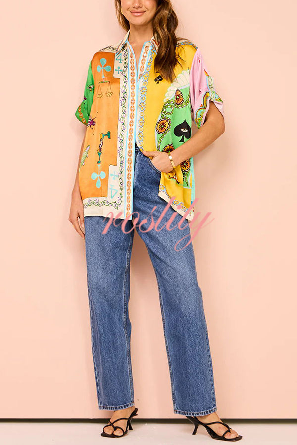 Funny Poker Summer Satin Unique Print Button Down Oversized Blouse