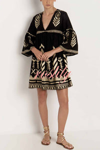 Unique Gold Printed V-neck Bell Sleeve Mini Dress