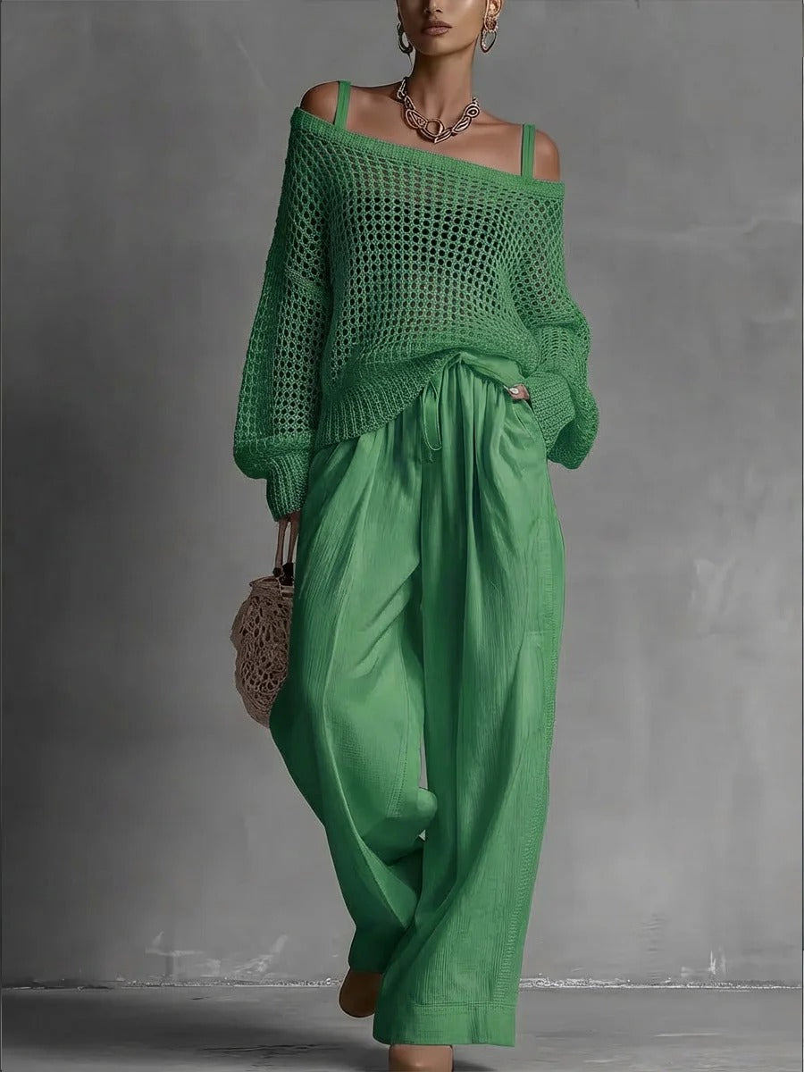 Luxe Open-Knit Top & Wide-Leg Pants Set