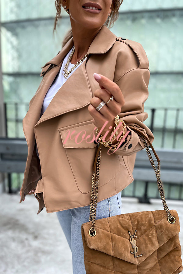 Stylish Leather Lapel Pocket British Style Cropped Jacket