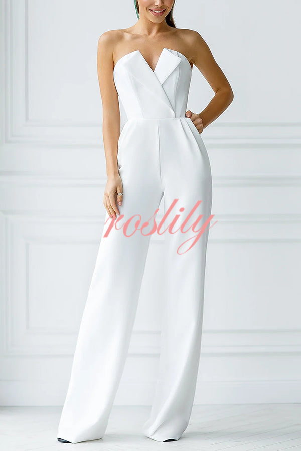 Tuxedo-style Off Shoulder Pocket Wide Leg Formal Jumpsuit