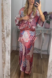 Satin Floral Print V-neck Half-sleeve Loose Top and Elegant Maxi Skirt Set