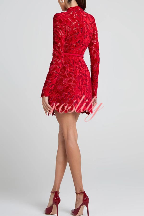 Lydia Embroidered Floral Lace Long Sleeve Belt Tulip Shaped Mini Dress