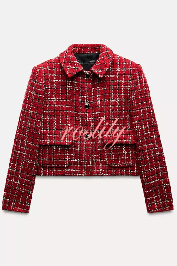 Tweed Plaid Textured Long-sleeved Casual Pocket Jacket