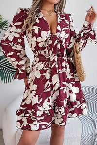 Floral Print V-neck Lace-up Long-sleeve Elastic Waist Mini Dress