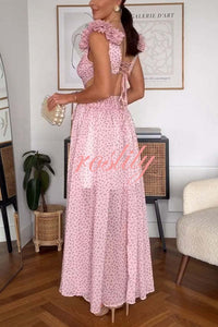 Wedding Dreams Chiffon Printed Flutter Sleeve Cutout Back Lace-up Maxi Dress