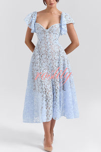 Romantic Atmosphere Bluebell Lace Butterfly Sleeve Sweetheart Neck Stretch Midi Dress