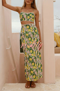 Linen Blend Summer Fruit Print Camisole Top and Elegant Lace Back Slit Maxi Skirt Set