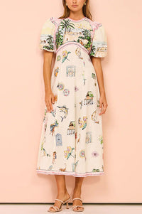 European Summer Sunset Linen Blend Unique Print Puff Sleeve Midi Dress