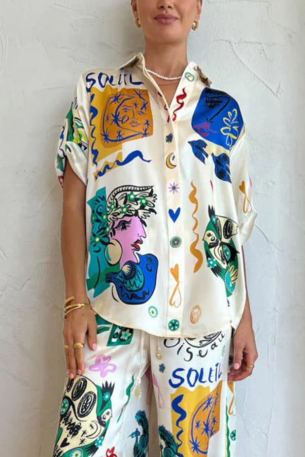 Sun Tribe Satin Unique Print Button Down Oversized Blouse