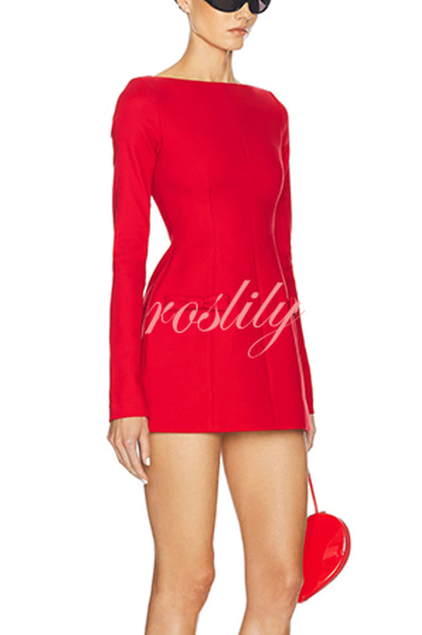 Budding Elegance Bow Detail Boat Neck Long Sleeve Mini Dress