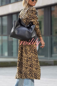 Be Free Velvet Leopard Print Long Sleeve Loose Midi Trench Coat