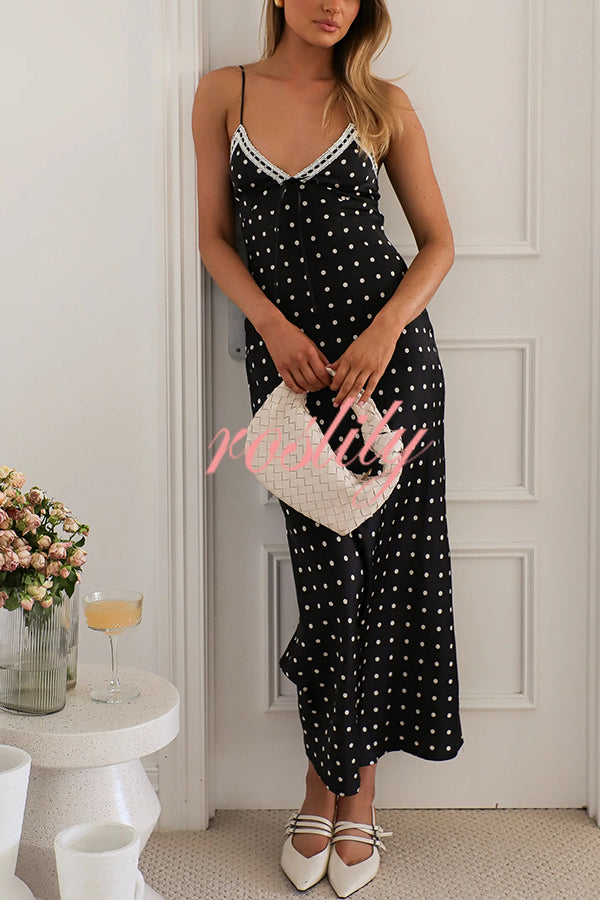 Polka Dot Print Sleeveless Patchwork Lace-up Midi Dress