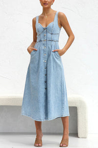 Spring Fling Washed Denim Button Pocket Back Smocked Midi Dress