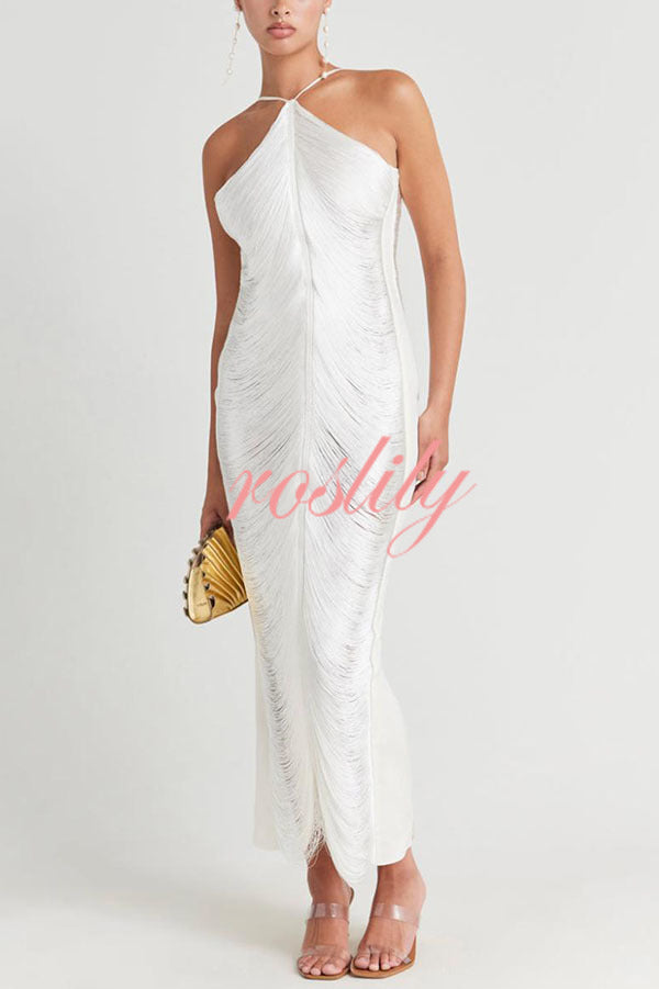 Sexy Allnight Metallic Halterneck Backless Fringed Slit Maxi Dress