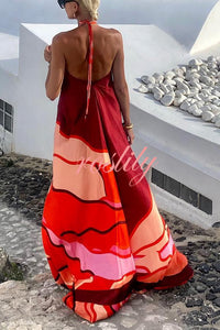 Vacay Happy Hour Printed Halter Backless A-line Maxi Dress