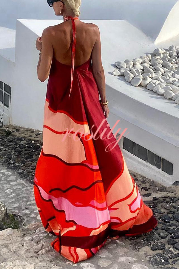 Vacay Happy Hour Printed Halter Backless A-line Maxi Dress