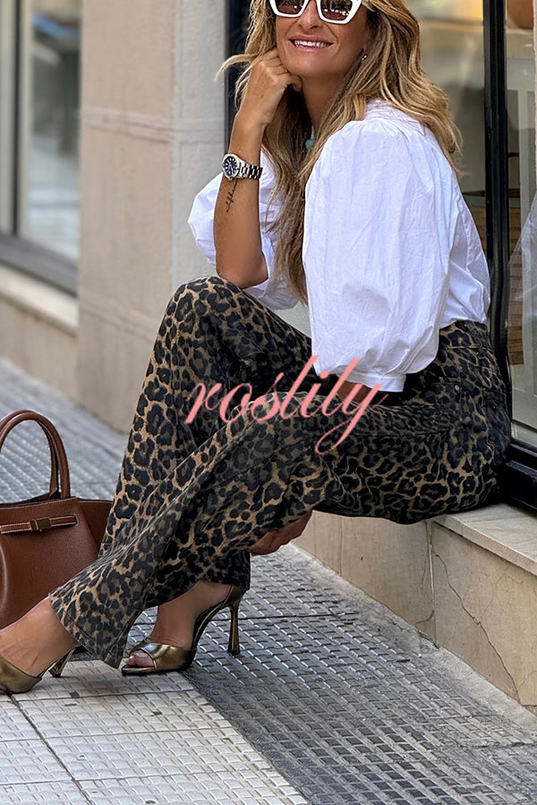 Wild Feel Denim Leopard Print High Rise Wide Leg Pocketed Jeans