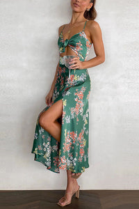 Dreamers Satin Floral Tie Up Slit Midi Dress