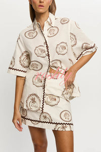 Resort Style Print Lapel Short Sleeve Shirt and Casual Mini Skirt Set