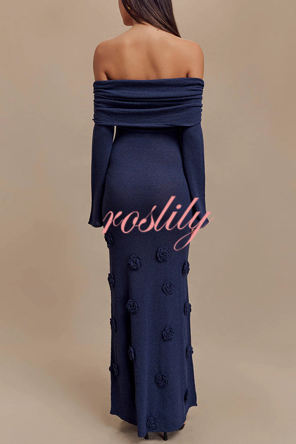 Timeless Sophistication Knit Off Shoulder Rose Detail Stretch Maxi Dress