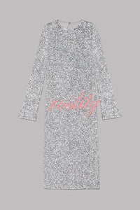 Ignite Sparkly Nights Sequin Extra Long Sleeve Open Back Loose Midi Dress